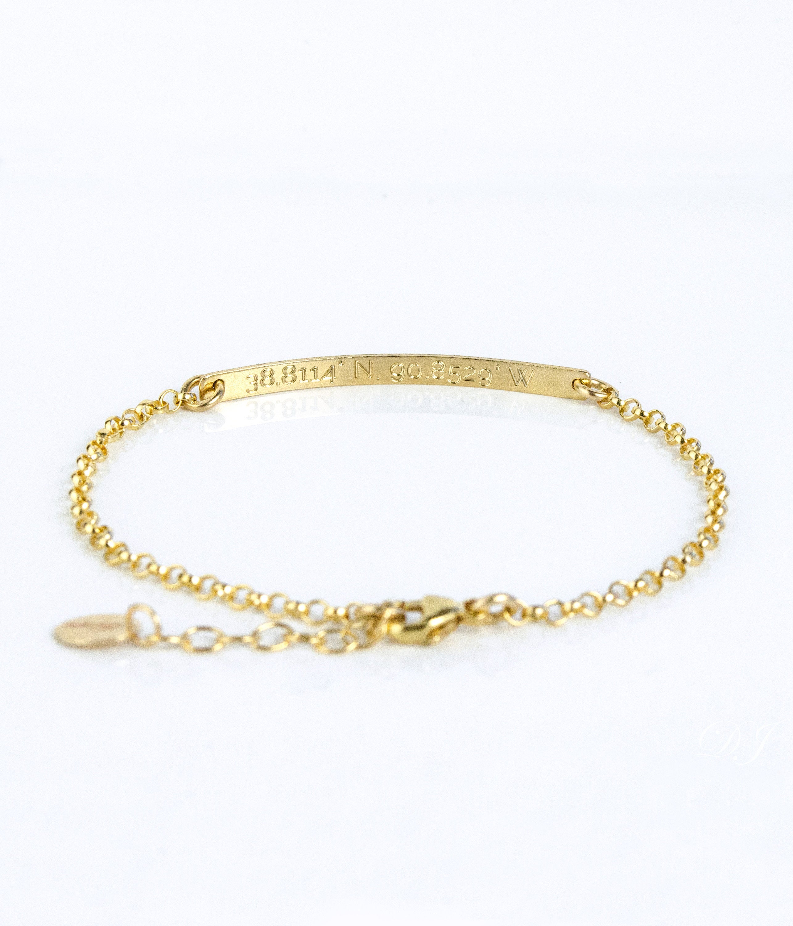 Personalized Skinny Bar Bracelet can be engraved on front and back. Location Coordinate Bracelet, Custom Text Engraved Bracelet, Hidden Message Engraved Skinny Bar Bracelet for Her