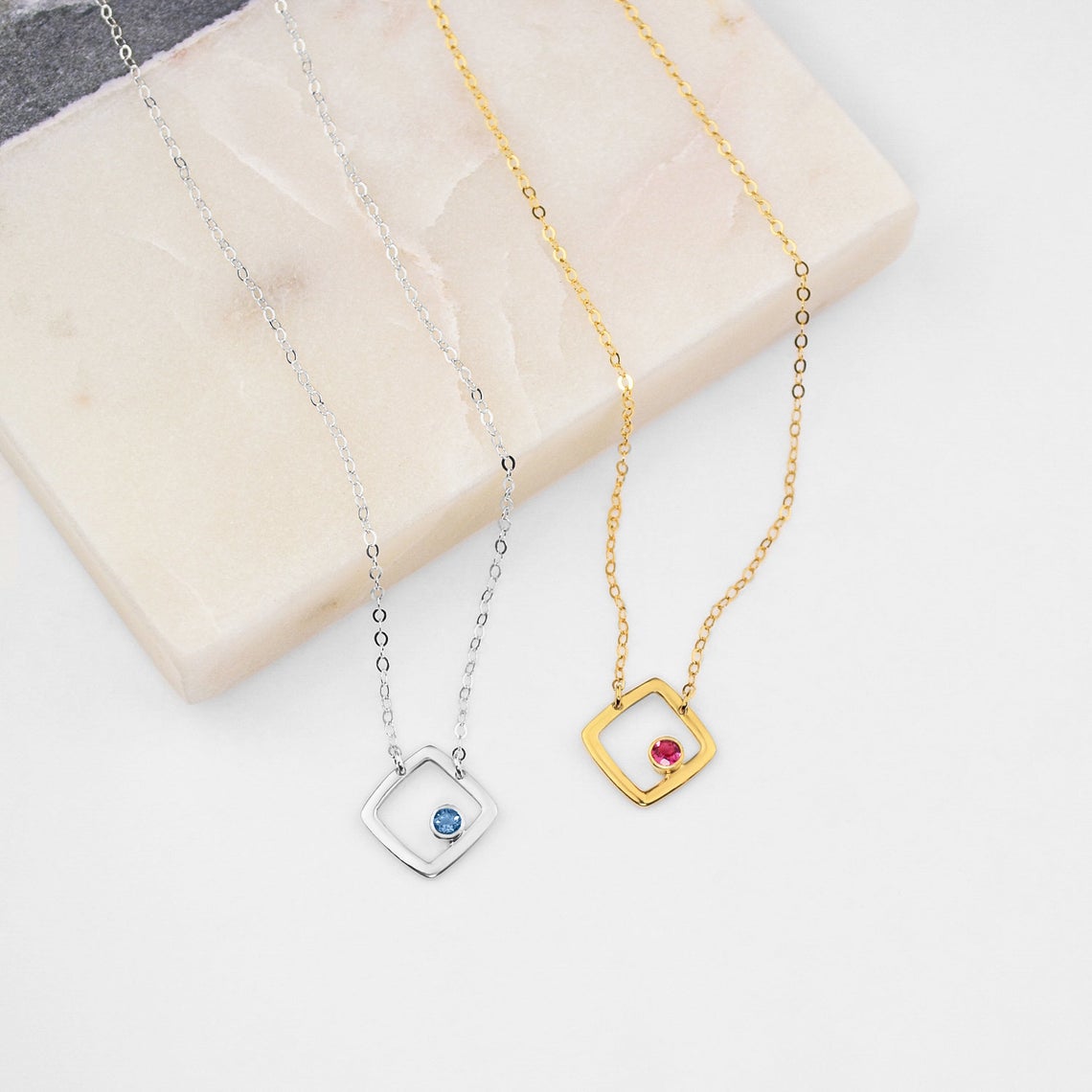 Sterling silver open square geometric necklace minimalist necklace with iolite birthstone, september birthstone. Gold plated open square necklace with ruby birthstone july birthstone gemstone jewelry july gemstone