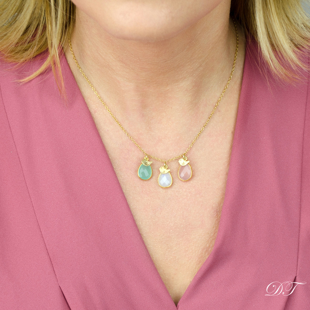 Custom Mother's Necklace with Kid's Birthstones & Letter Charms on Chain