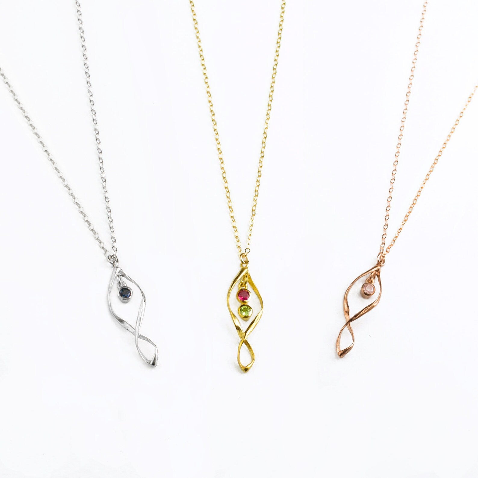 twist pendant, rose gold pendant, gems