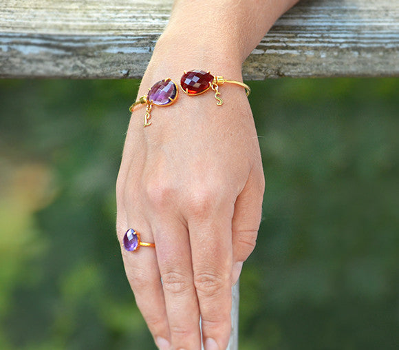 Mother's Adjustable Bangle Bracelet with Two Birthstones & Letter Charms