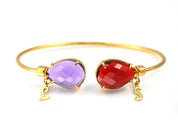 Mother's Adjustable Bangle Bracelet with Two Birthstones & Letter Charms