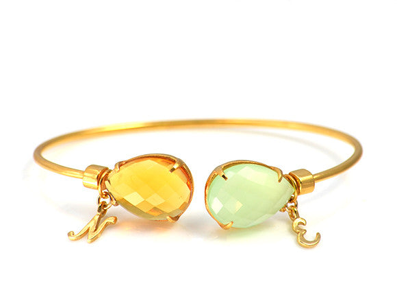 Mother's Adjustable Bangle Bracelet with Two Birthstones & Letter Charms