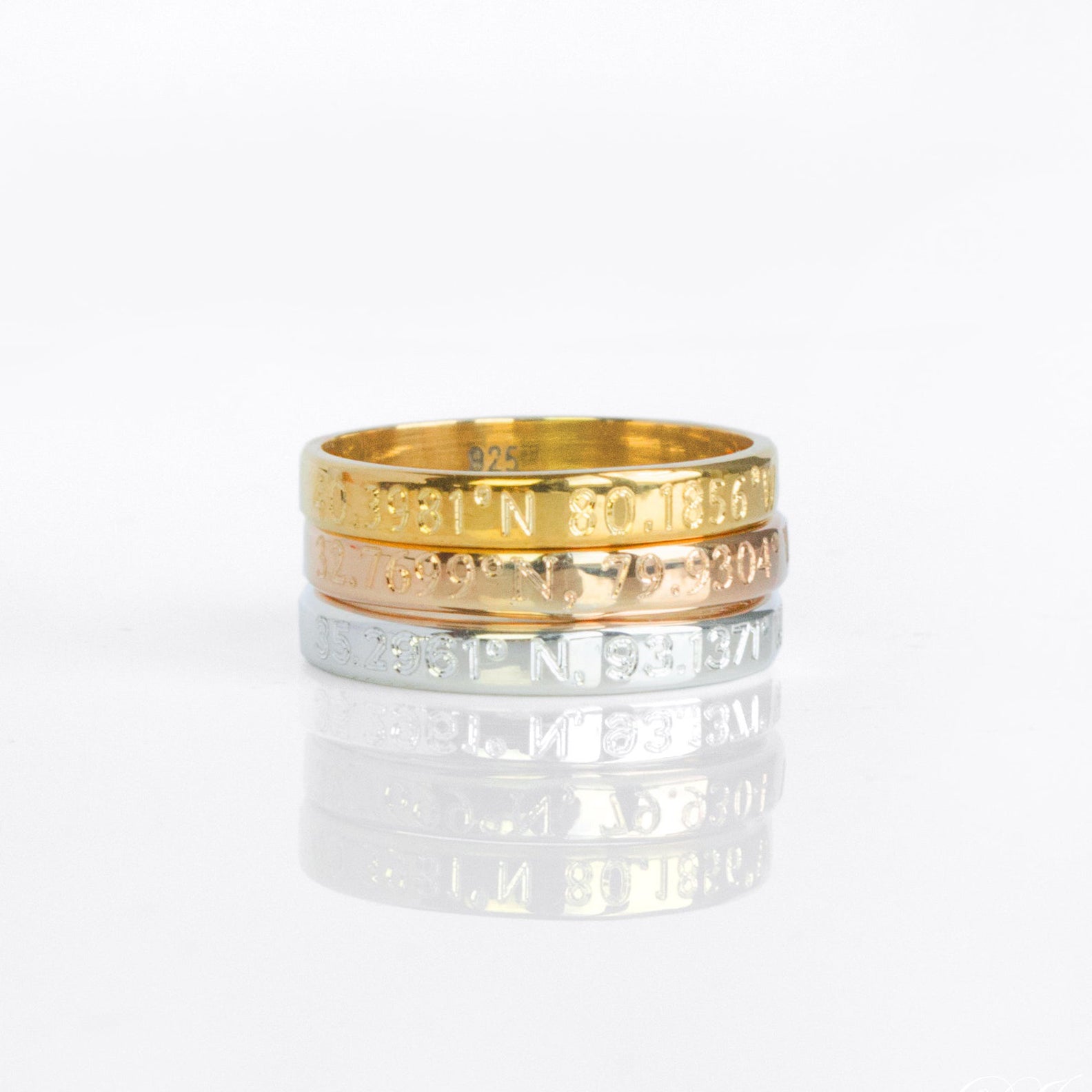 Sterling silver, rose gold and gold plated rings with gps coordinates engraved. 3mm band. Custom Engraved, Name Engraving, Date Engraving, Coordinates Engraving, Initials, Short Quote, Secret Message, Love Note, Roman Numerals, Forever, Always, Promise ring, Soulmate, Best Friends, Family Bond, Anniversary Gift, Birthday Gift, Graduation Gift, Wedding Band, Couple Ring, Memorial Ring, valentine's day, Sentimental, Hidden Message, Minimalist Design, christmas, gift for husband, gift for wife