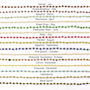 Available gemstones include garnet, purple amethyst, apaptite, moonstone, green onyx, freshwater pearl, ruby, peridot, sapphire, pink quartz, multicolor tourmaline, citrine, turquoise, labradorite, and black spinel