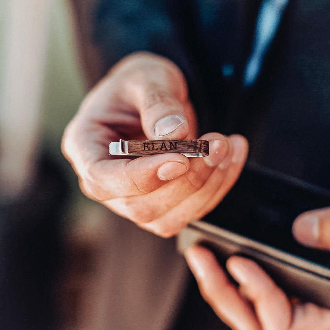 Custom Tie Clip Wood Veneer Personalized Engraving in classic font engraved on the back. Customize cufflinks for a graduate, new promotion, prom, formal events, groomsman or wedding party gifts. gift ready. mens anniversary gifts, gifts for men, christmas gifts for him, valentine's day gifts for men, gift for husband, gift for fiance, father's day gift, birthday gift, wedding anniversary gift, wedding party gift, father of the groom gift, father of the bride gift, wood anniversary
