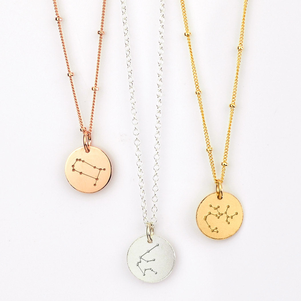 Zodiac Constellation Disc Necklace, Sterling Silver or Gold Personalized Astrology Jewelry