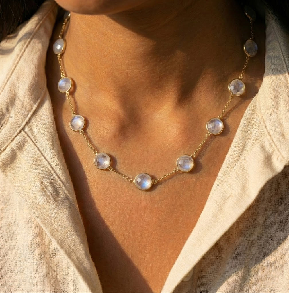 Taylor Swift inspired moonstone station necklace with 10mm gemstones on gold chain, dainty celebrity inspired gemstone necklace, minimalist layered moonstone jewelry, elegant station necklace for women