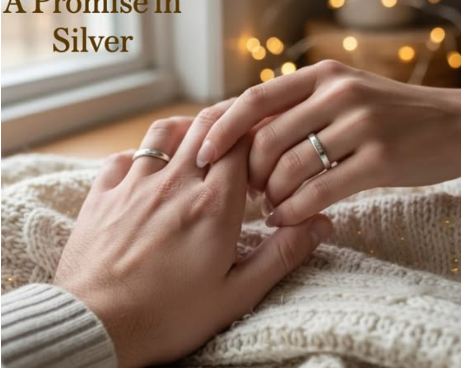 Couple holding hands wearing matching engraved silver promise rings, minimalist custom bands symbolizing love and commitment, romantic jewelry gift for couples, anniversary or promise ring exchange.