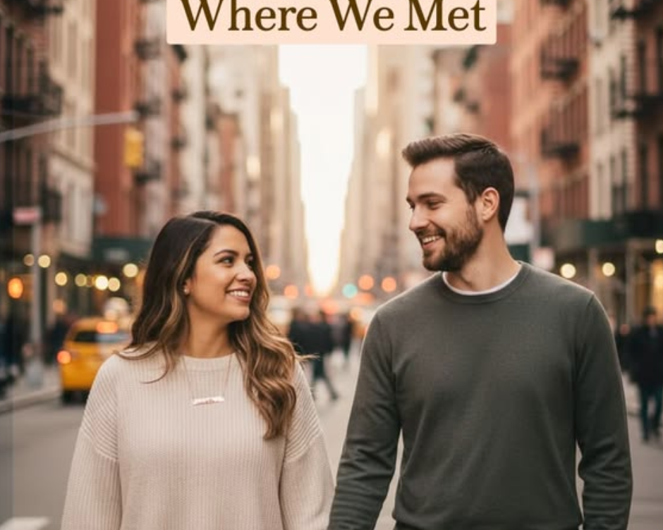 Couple walking together in a city street wearing a custom skyline bar necklace, romantic “where we met” jewelry featuring an engraved city skyline pendant, meaningful anniversary or travel memory gift.
