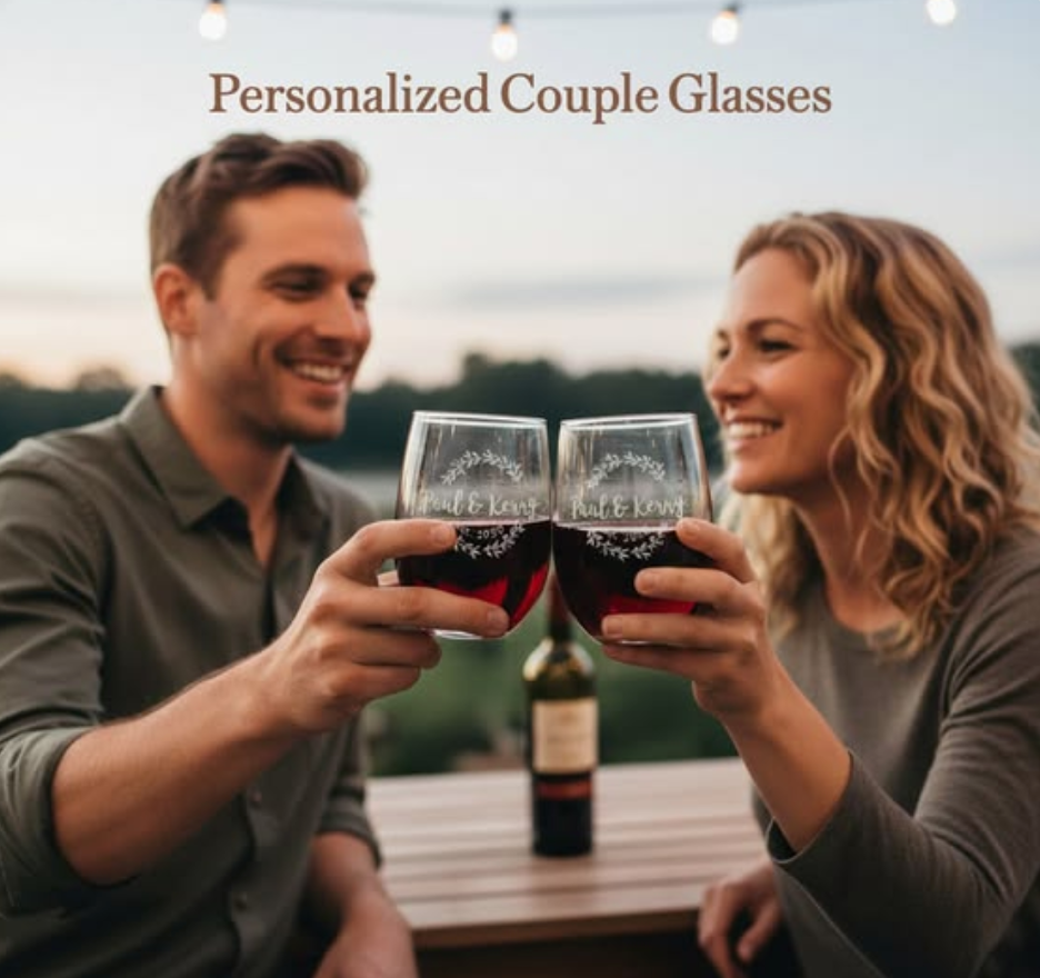 Couple toasting with personalized engraved wine glasses filled with red wine, romantic custom glassware gift for weddings or anniversaries, featuring names and decorative engraving for couples celebrating love.