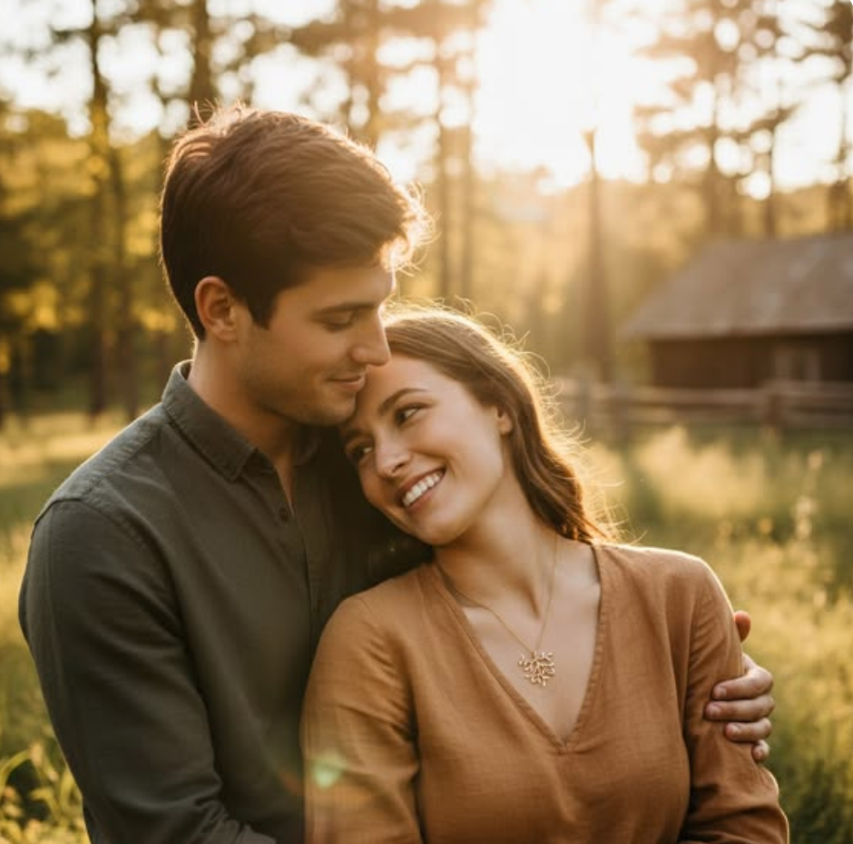 Romantic couple embracing outdoors at sunset, woman wearing a family tree necklace with engraved names symbolizing love, motherhood, and family connection, meaningful personalized jewelry gift for mom or grandmother.