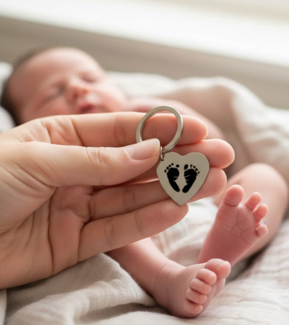 Hand holding a silver heart-shaped keychain engraved with baby footprints in front of a softly blurred newborn lying on a bed, creating a sentimental keepsake scene for new parents and family.