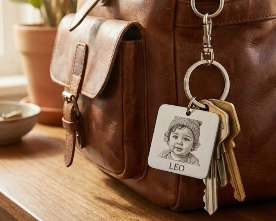 Custom square baby portrait keychain engraved with a child’s face and name hanging from keys on a rich brown leather bag, styled in warm natural light as a sentimental everyday keepsake.