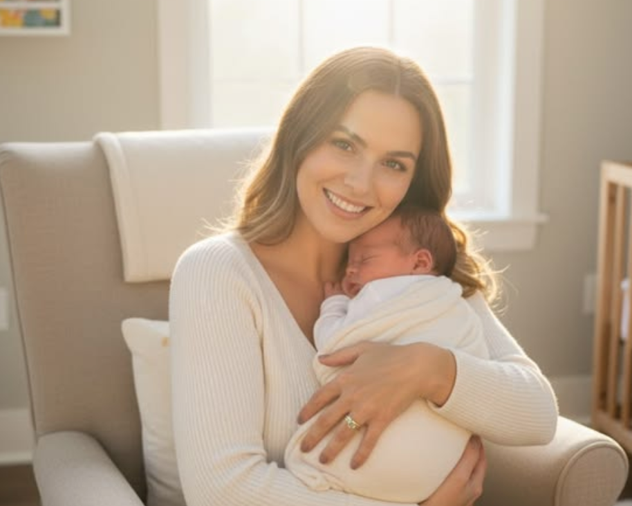 Mother holding newborn baby in soft natural light, wearing stackable oval birthstone rings in gold, personalized mom jewelry, meaningful family ring gift, cozy nursery lifestyle scene
