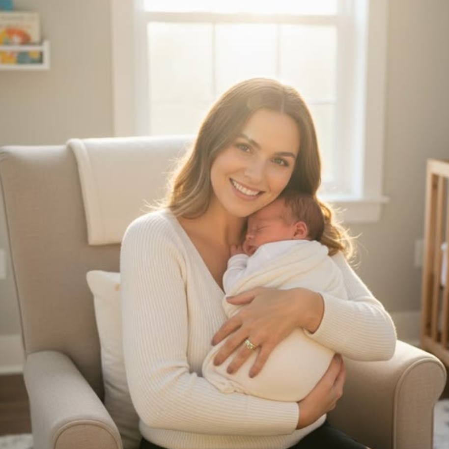Mother holding newborn baby in soft natural light, wearing stackable oval birthstone rings in gold, personalized mom jewelry, meaningful family ring gift, cozy nursery lifestyle scene