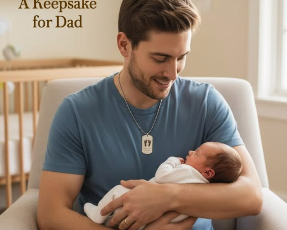 personalized dog tag necklace for dad with baby footprints engraving, new dad gift, expecting father announcement, fathers day gift for him, custom engraved mens necklace keepsake jewelry