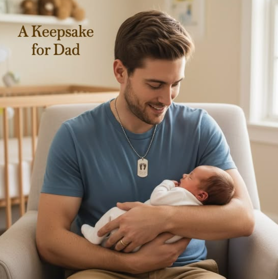 personalized dog tag necklace for dad with baby footprints engraving, new dad gift, expecting father announcement, fathers day gift for him, custom engraved mens necklace keepsake jewelry