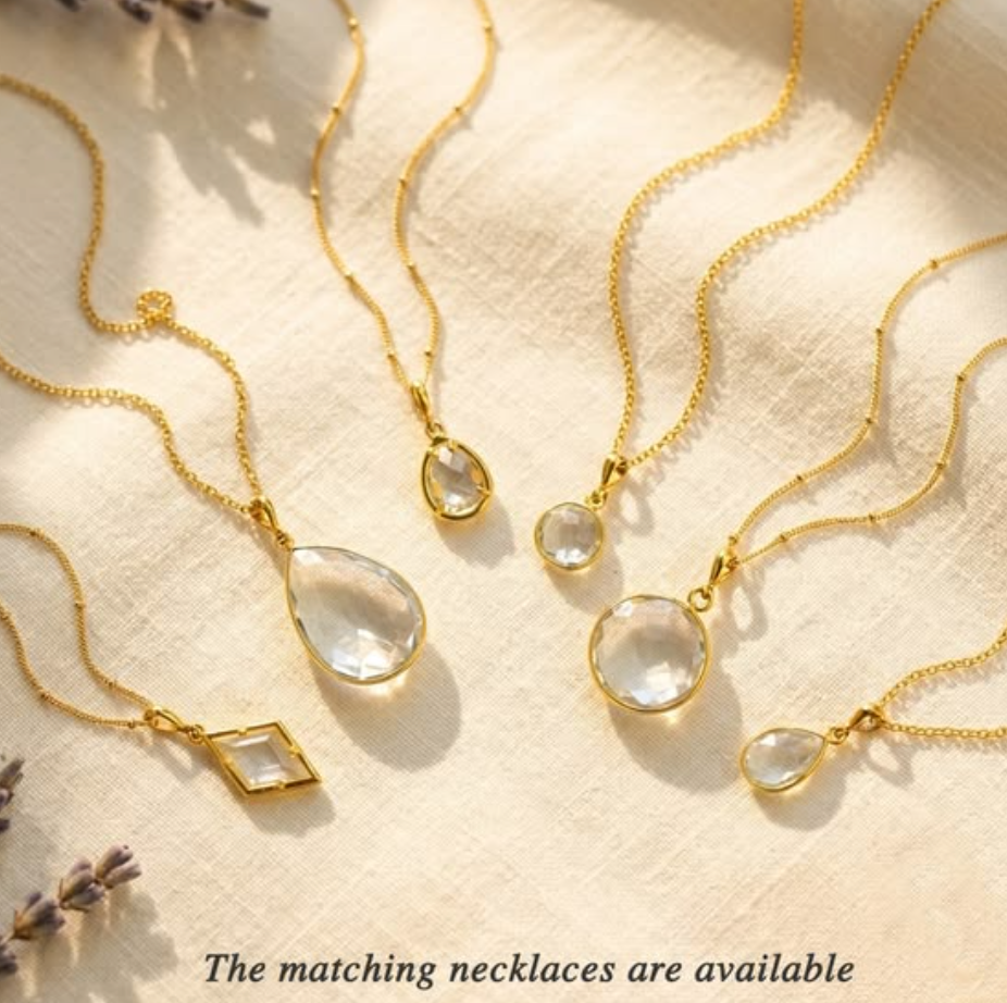 Clear quartz April birthstone necklaces in gold on linen background, minimalist gemstone jewelry for women, elegant gift for Mother’s Day, birthday, bridal jewelry, wedding accessories, dainty layering necklaces