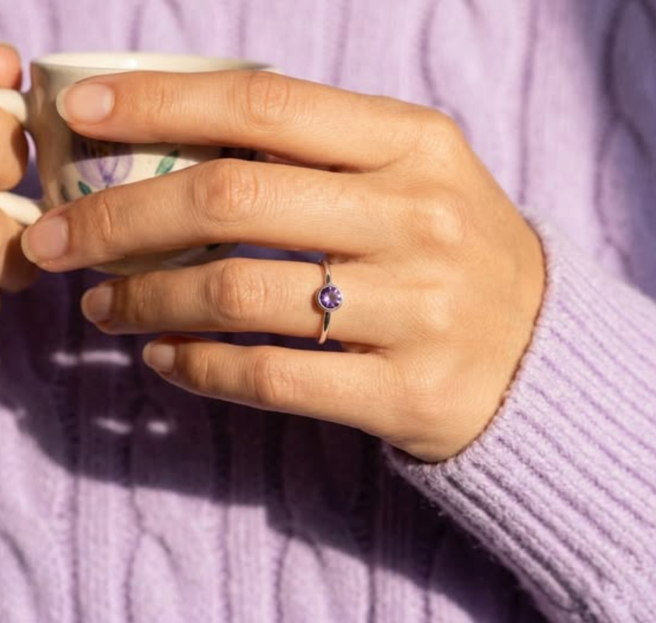 Dainty purple amethyst stacking ring on hand, February birthstone minimalist ring in gold, silver or rose gold, delicate gemstone jewelry gift for women, perfect for Mother’s Day, birthdays and weddings