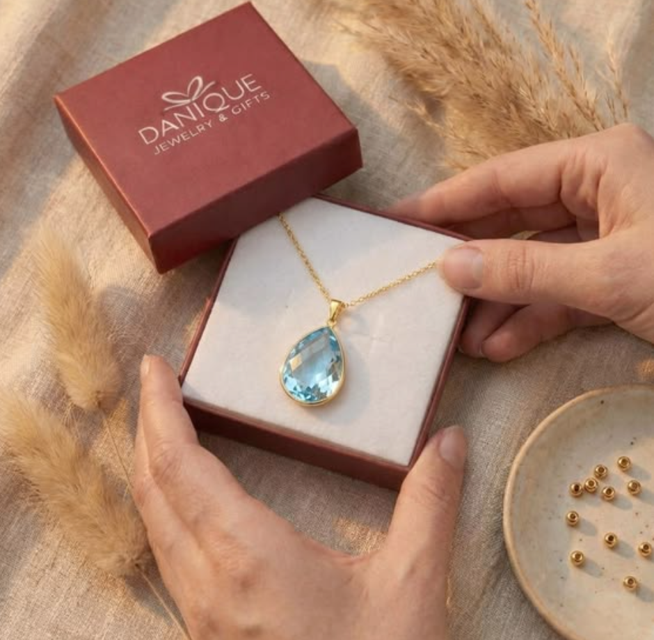 Blue topaz teardrop necklace in gold or silver, December birthstone pendant, elegant pear shaped gemstone jewelry gift for women, perfect for Mother’s Day, birthdays, weddings and bridesmaid jewelry