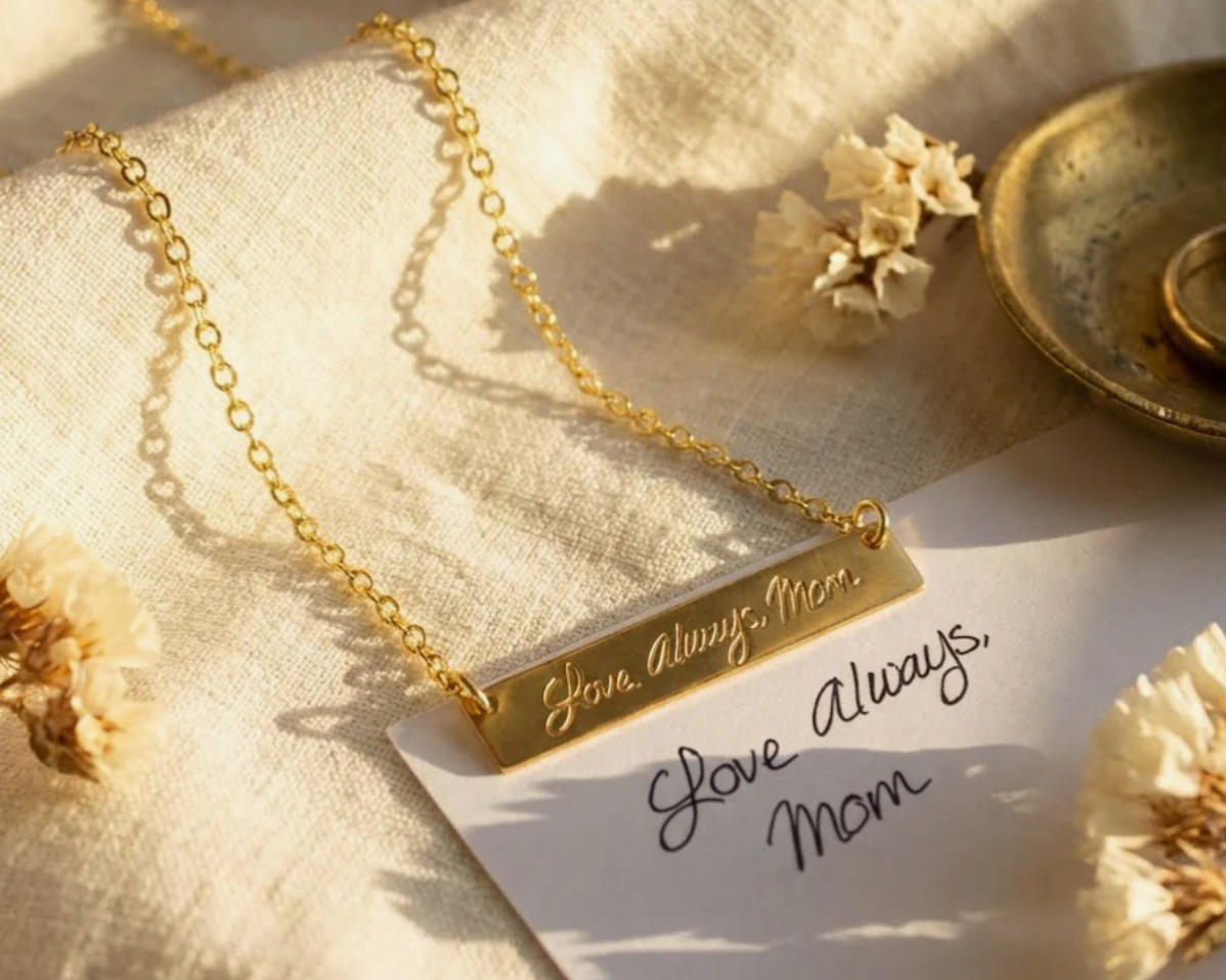 Custom handwriting bar necklace engraved with a loved one’s note or signature, a meaningful personalized jewelry gift for mom, remembrance, birthdays, or Mother’s Day in silver, gold, or rose gold.