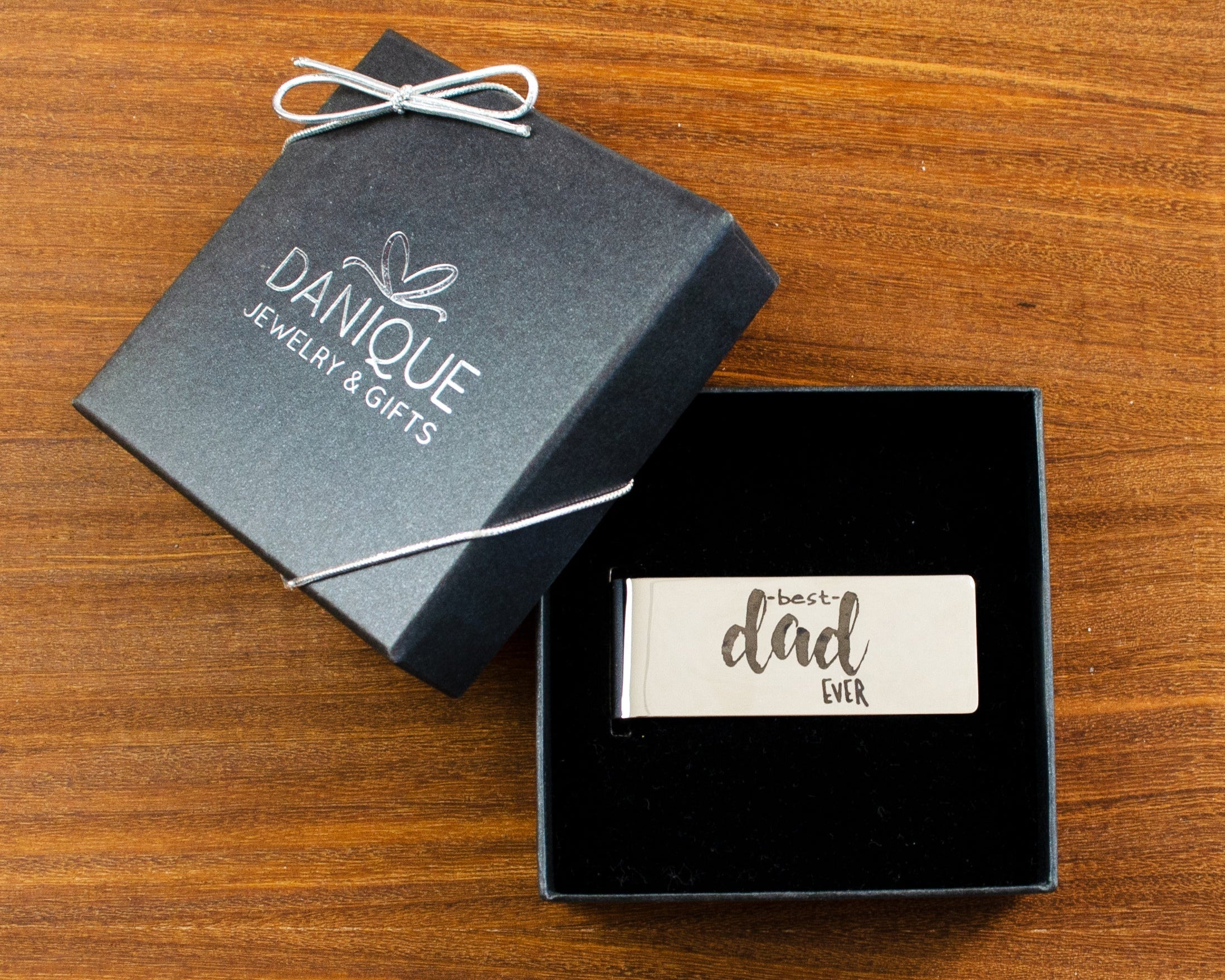 steel silver tone money clip in danique gift box with ribbon. Father's day gift, gift for dad, unique gift for him, unique gift for dad, functional gift