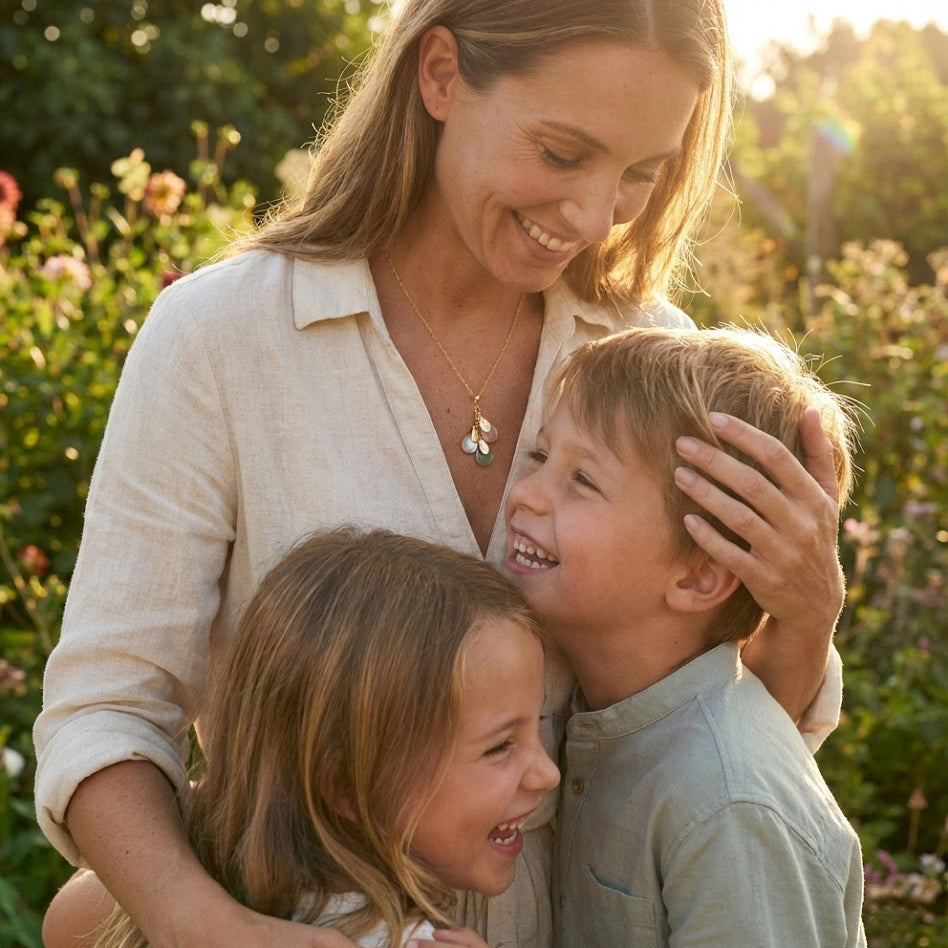 Mother hugging two children in golden garden light while wearing a birthstone necklace with engraved name charms, a sentimental personalized mom necklace for Mother’s Day, birthdays, and family gifts.