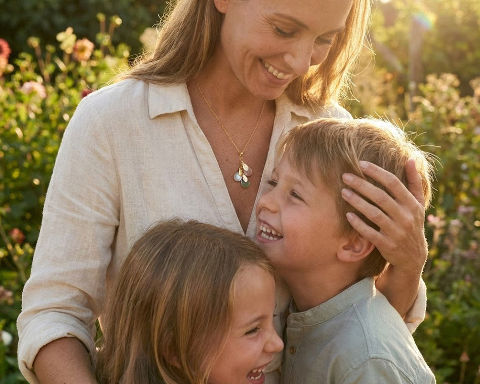 Mother hugging two children in golden garden light while wearing a birthstone necklace with engraved name charms, a sentimental personalized mom necklace for Mother’s Day, birthdays, and family gifts.