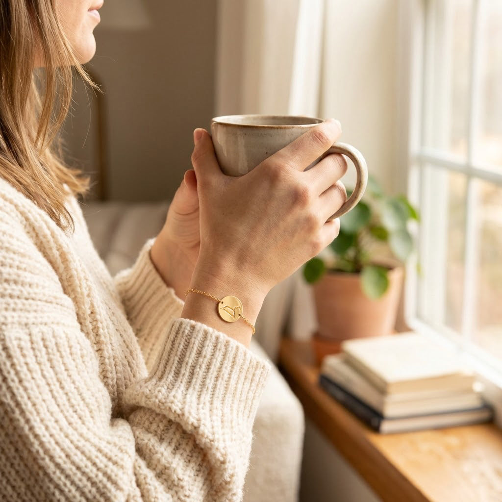 Zodiac constellation bracelet in gold on wrist, minimalist astrology bracelet with engraved star constellation design, delicate zodiac jewelry for women, personalized astrology bracelet gift for her