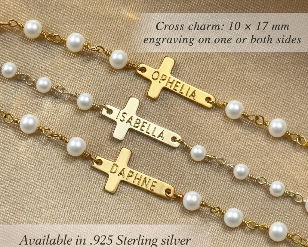 Personalized cross pearl bracelet with engraved name charm, gold filled or sterling silver cross jewelry, baptism gift for girl, first communion bracelet, christening keepsake, Easter basket religious gift, freshwater pearl chain bracelet for kids women 