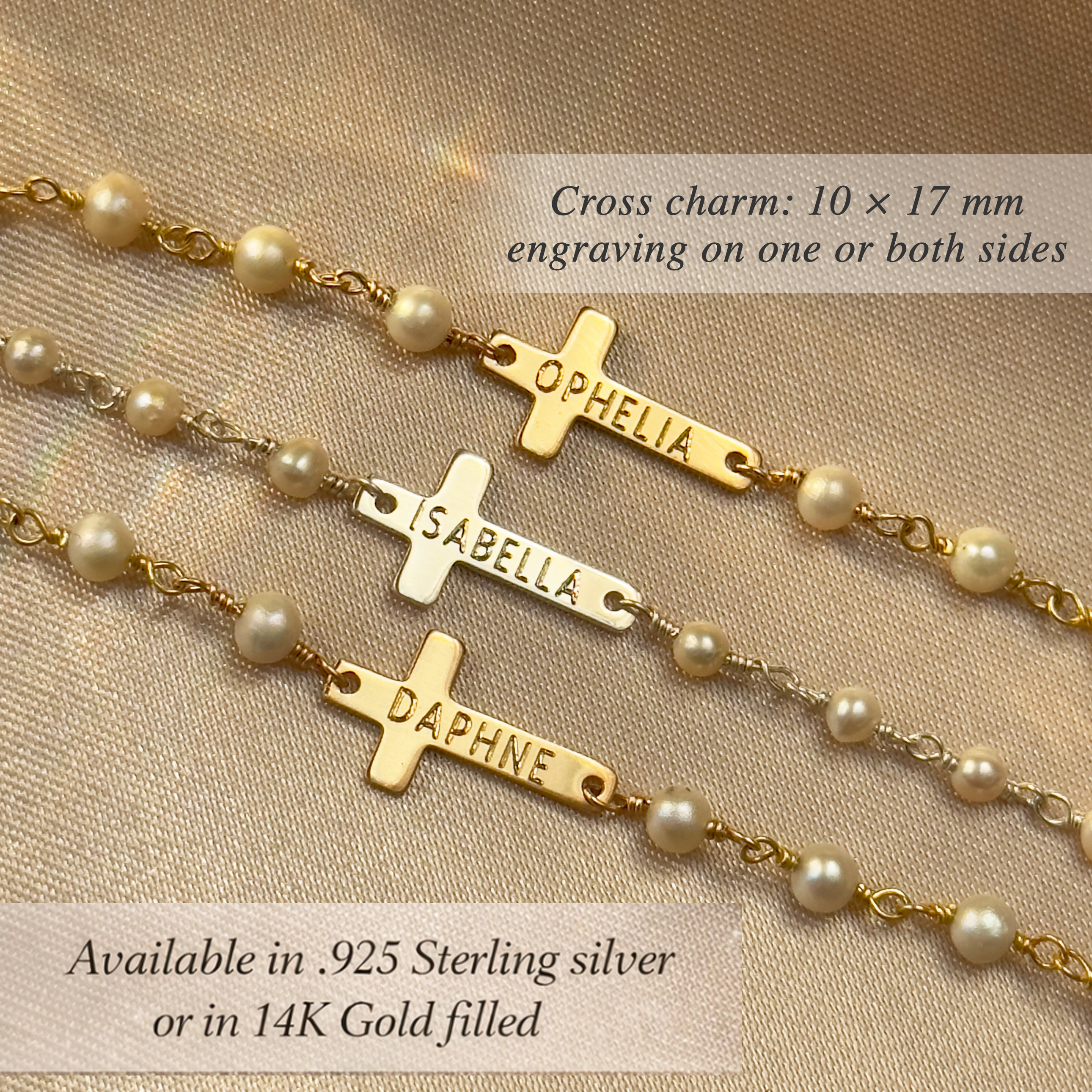 Three pearl bracelets with engraved gold and silver horizontal crosses featuring names Ophelia, Isabella, and Daphne. Religious keepsakes for baptisms and communions.