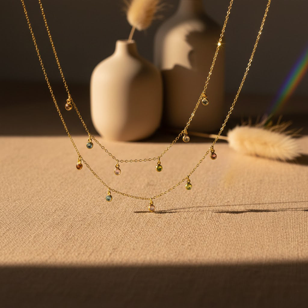 Minimalistic dangling birthstone necklace with tiny gemstone charms, dainty gold layered birthstone necklace for mom, custom family birthstone jewelry, delicate everyday birthstone necklace gift for women