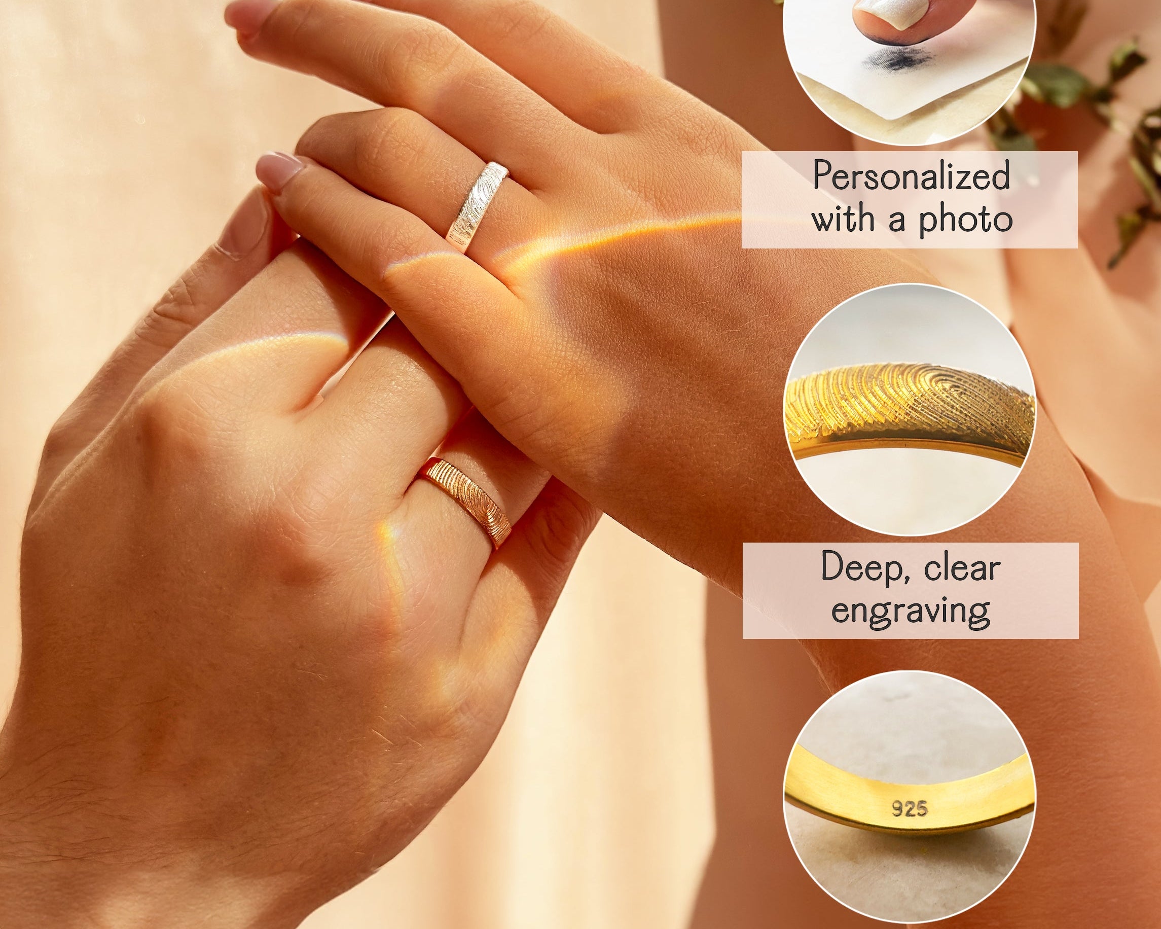 A couple wears matching fingerprint rings, one silver and one gold. The jewelry features deep, clear engraving personalized from a photo of a real fingerprint. Available in .925 sterling silver or 18K gold vermeil.