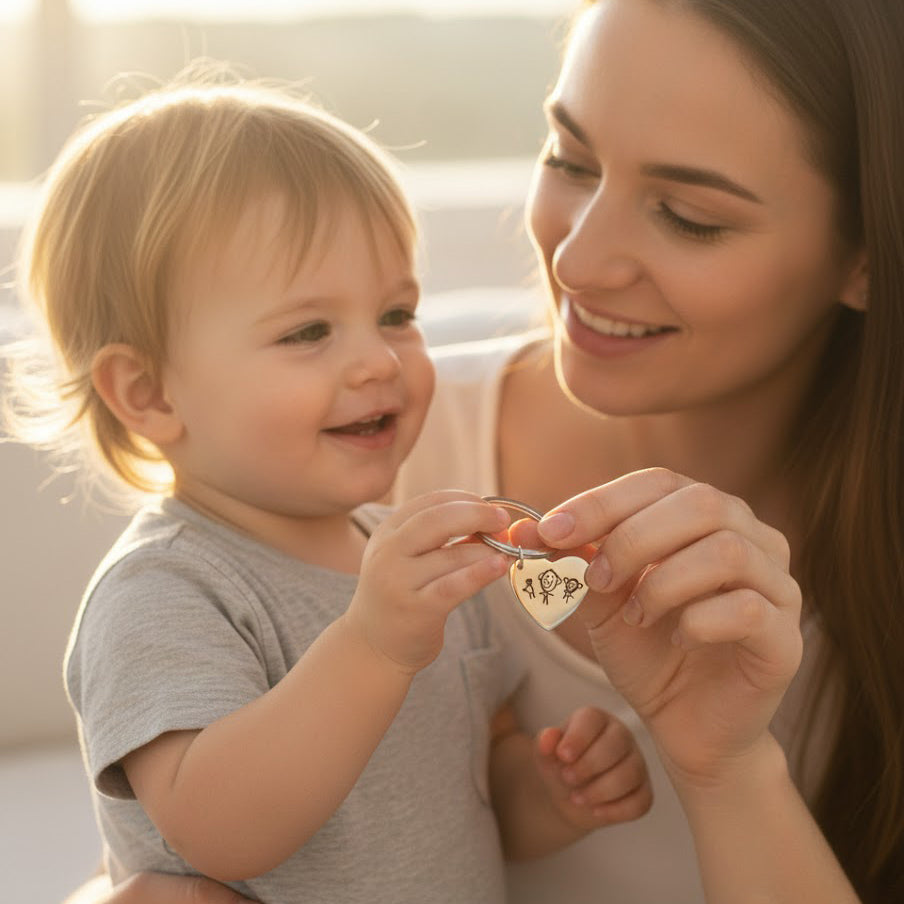 Mother and toddler holding a personalized heart keychain engraved with a child’s drawing, a sentimental stainless steel keepsake gift for mom, perfect for Mother’s Day, birthdays, or new mom moments.
