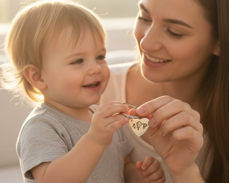 Mother and toddler holding a personalized heart keychain engraved with a child’s drawing, a sentimental stainless steel keepsake gift for mom, perfect for Mother’s Day, birthdays, or new mom moments.