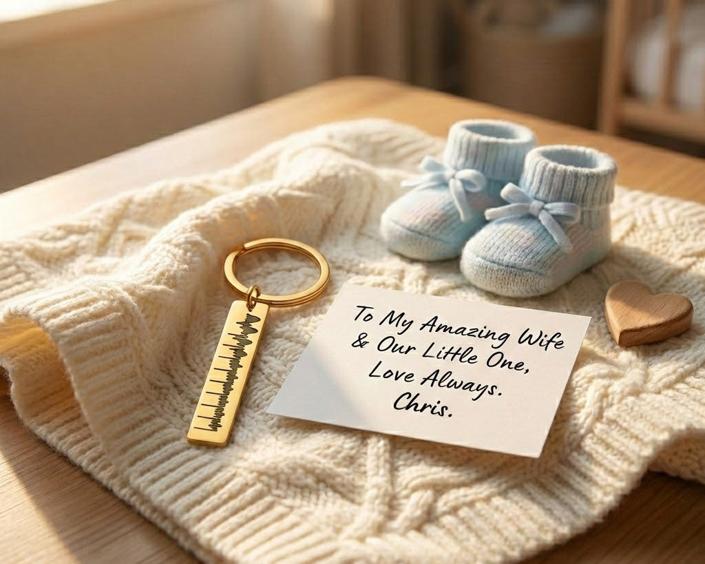 Personalized baby heartbeat keychain on cream knit blanket with baby booties and love note, engraved keepsake gift for new mom, Mother’s Day, pregnancy announcement, or baby memory gift in gold tone