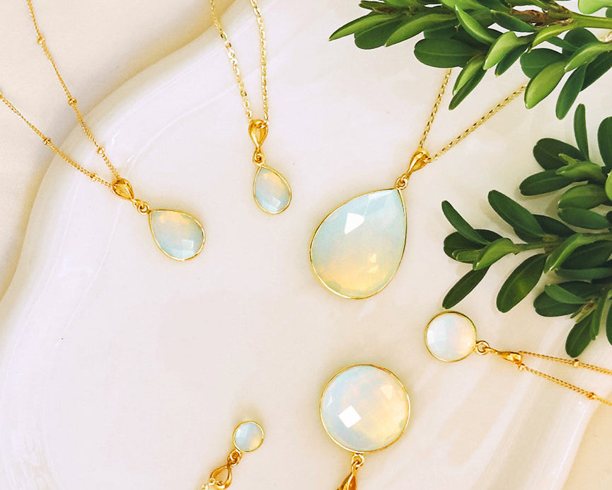 Opalite October birthstone necklace with glowing iridescent stone, symbol of peace, transformation, and renewal, dainty handmade jewelry gift for birthdays, anniversaries, or spiritual meaning.