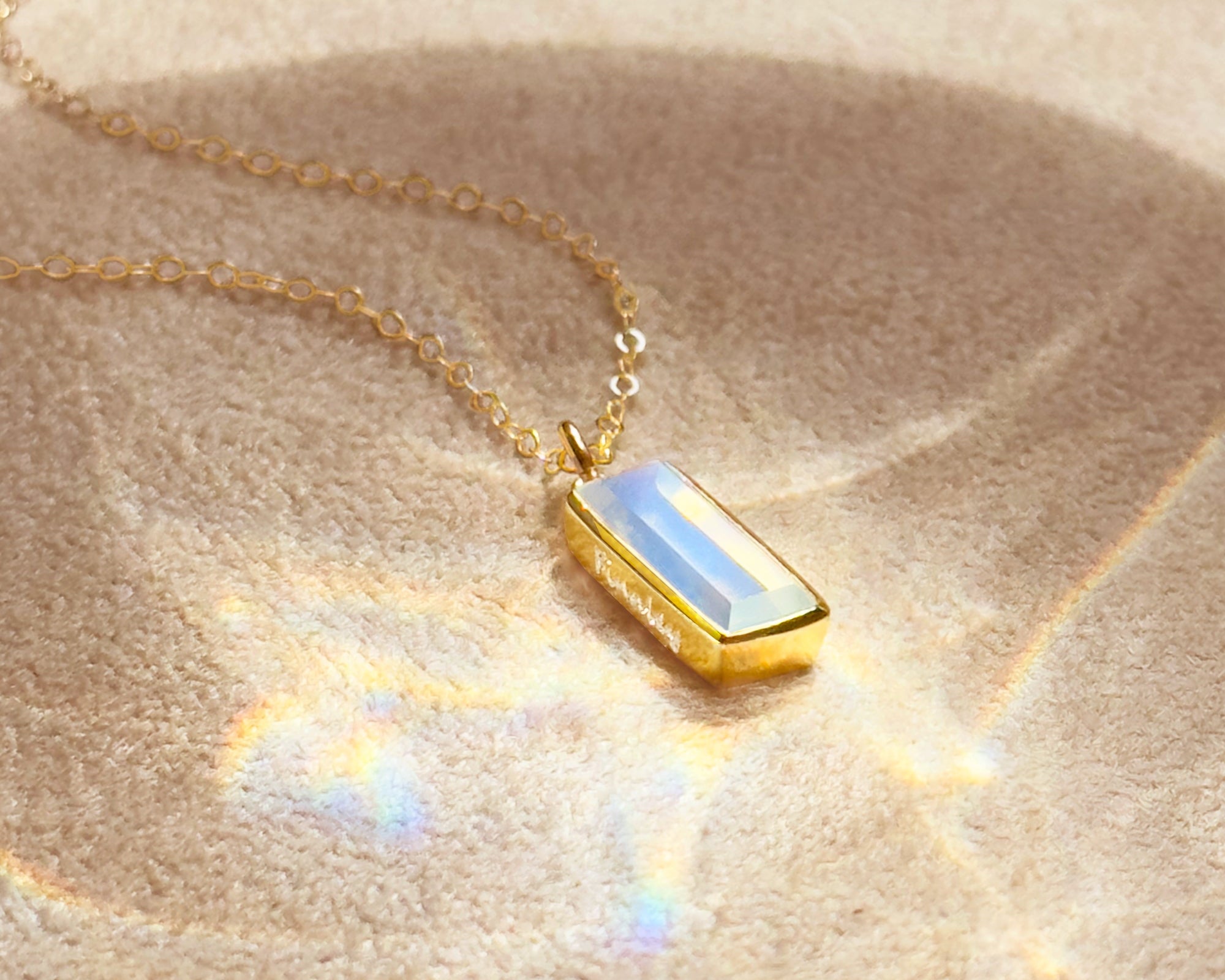 Sterling silver opalite bar necklace with custom engraving on each side, minimalist design, luminous iridescent gemstone pendant, available in silver, gold, or rose gold for personalized gift.