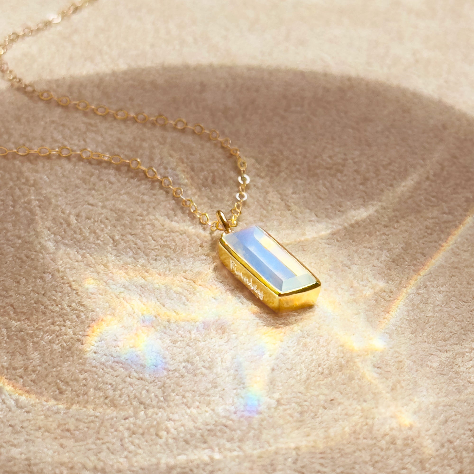Sterling silver opalite bar necklace with custom engraving on each side, minimalist design, luminous iridescent gemstone pendant, available in silver, gold, or rose gold for personalized gift.
