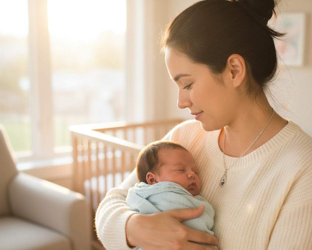 Mother holding newborn in soft morning light while wearing a teardrop birthstone necklace in sterling silver, a sentimental personalized gift for moms, new mothers, and Mother’s Day keepsake.