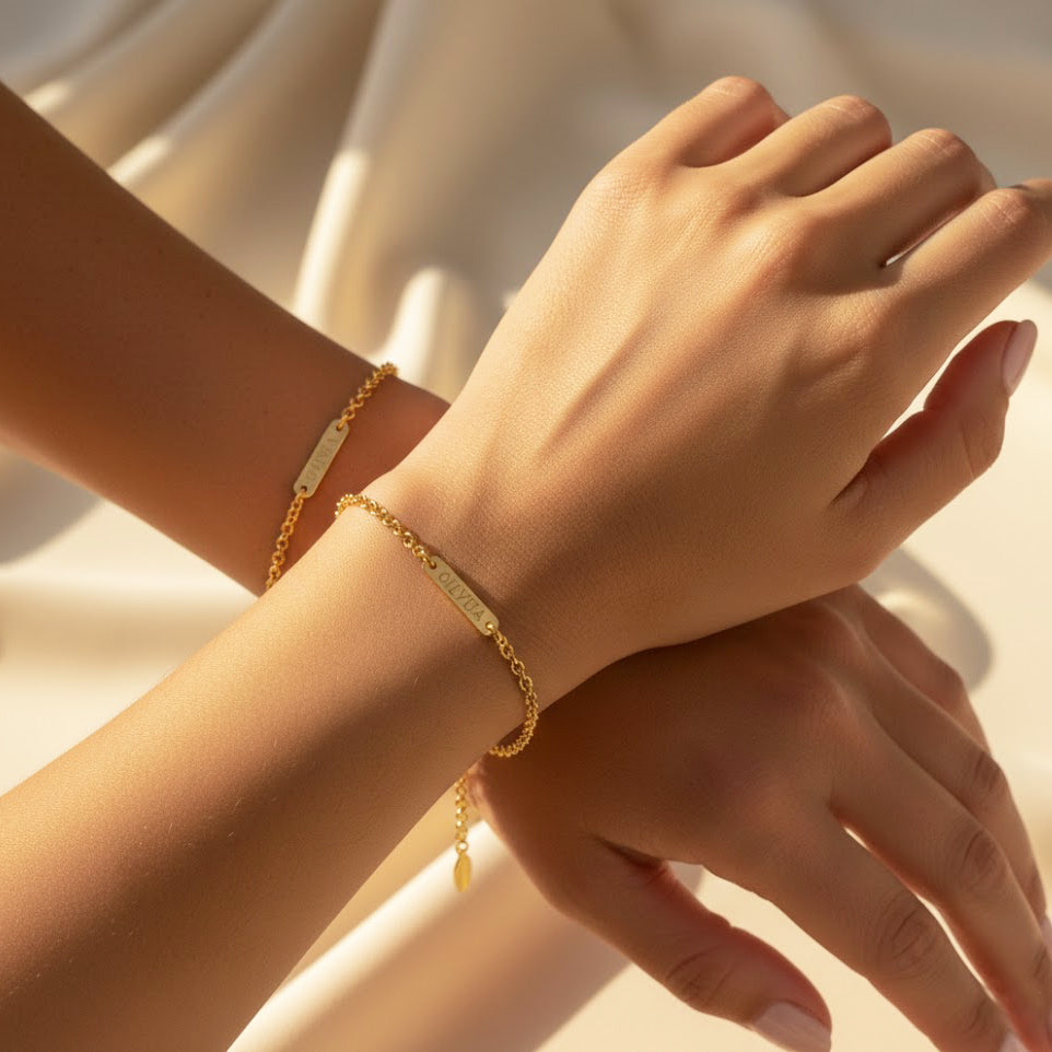 Personalized tiny bar bracelet in gold with engraved name on wrist, minimalist custom bar bracelet for women, dainty gold name bracelet, personalized monogram bracelet gift for her, everyday delicate jewelry