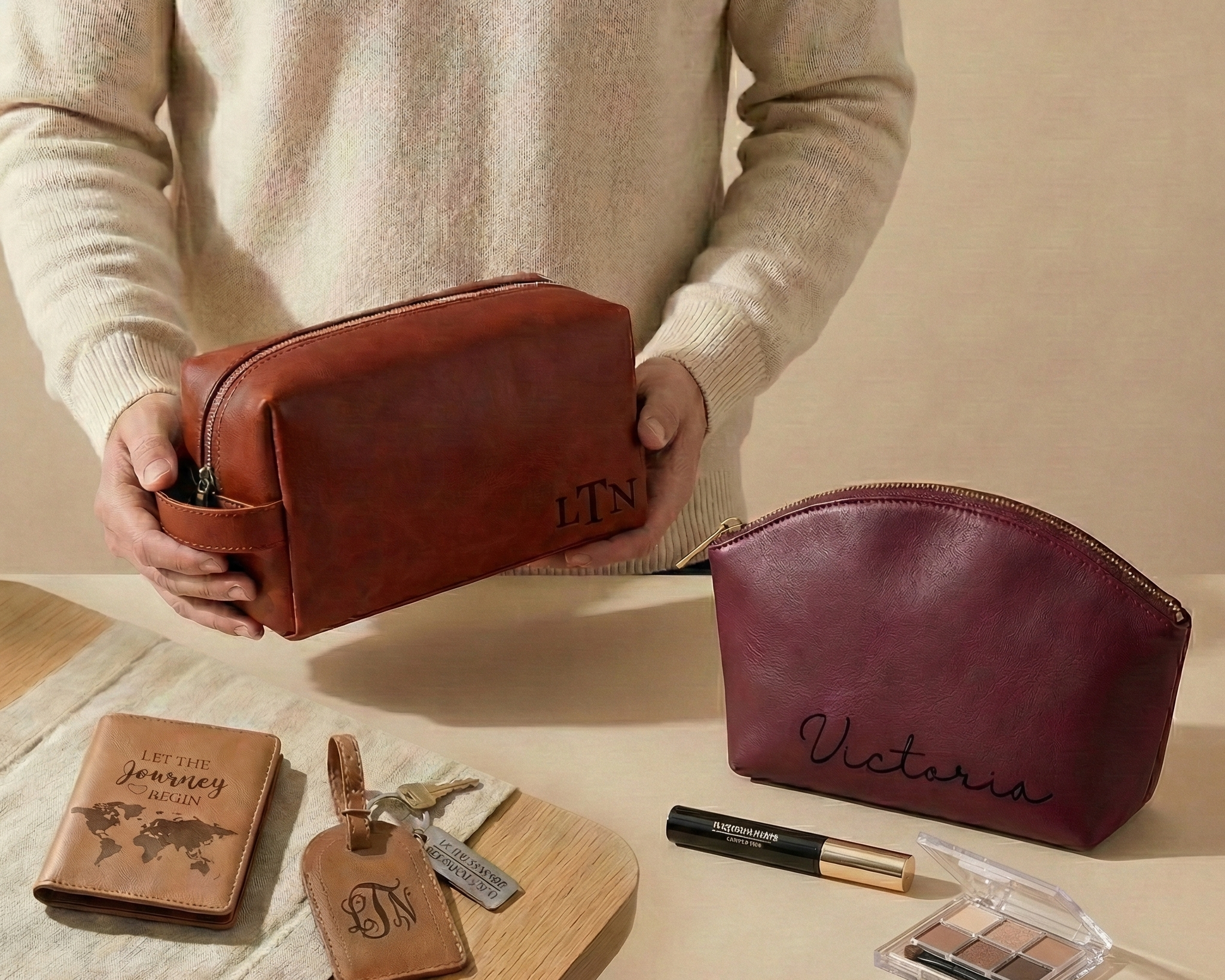 Personalized leather travel accessories set featuring monogrammed brown men’s dopp kit, burgundy custom makeup bag, engraved passport holder and luggage tag, luxury cosmetic essentials, spring break packing gifts for her and him