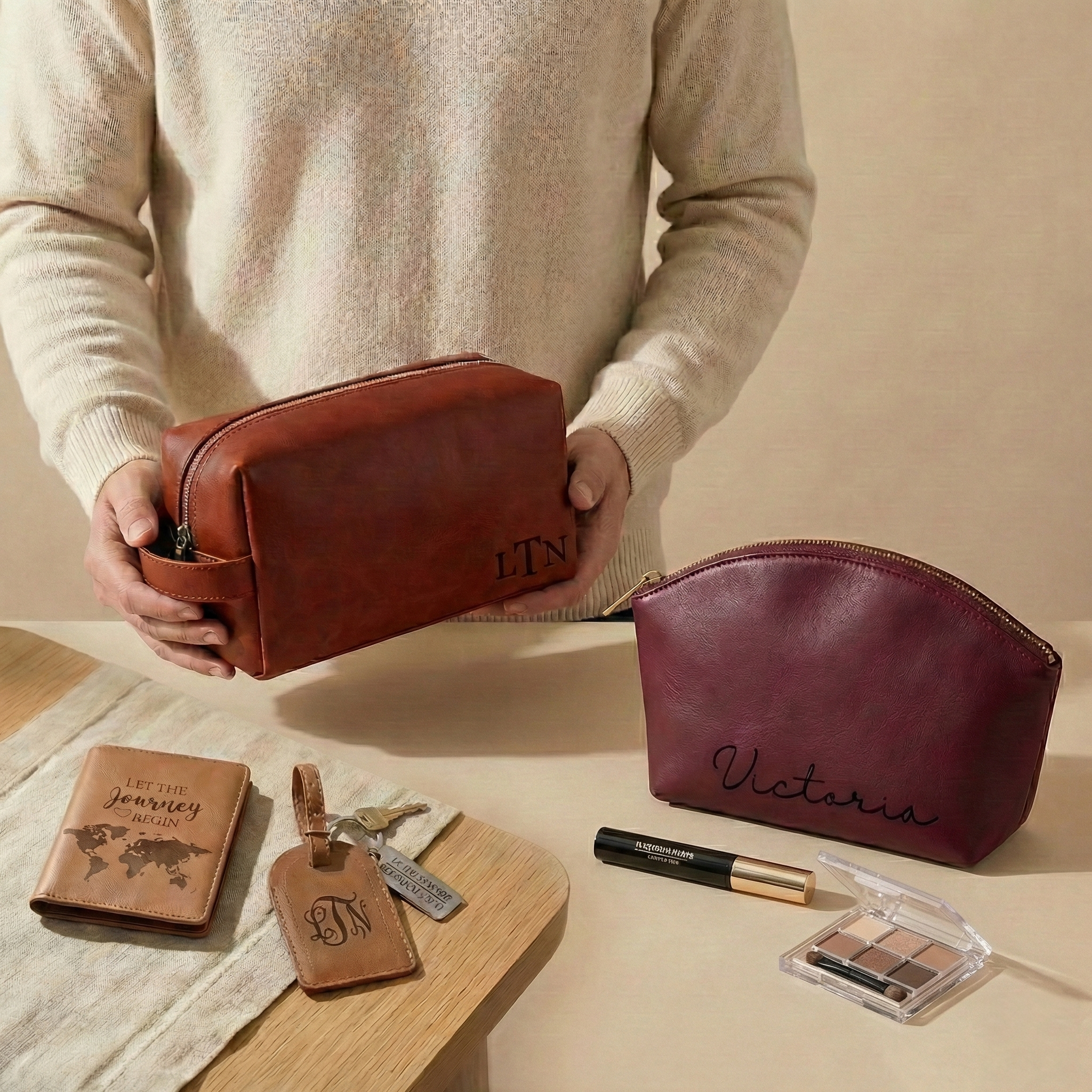 Personalized leather travel accessories set featuring monogrammed brown men’s dopp kit, burgundy custom makeup bag, engraved passport holder and luggage tag, luxury cosmetic essentials, spring break packing gifts for her and him