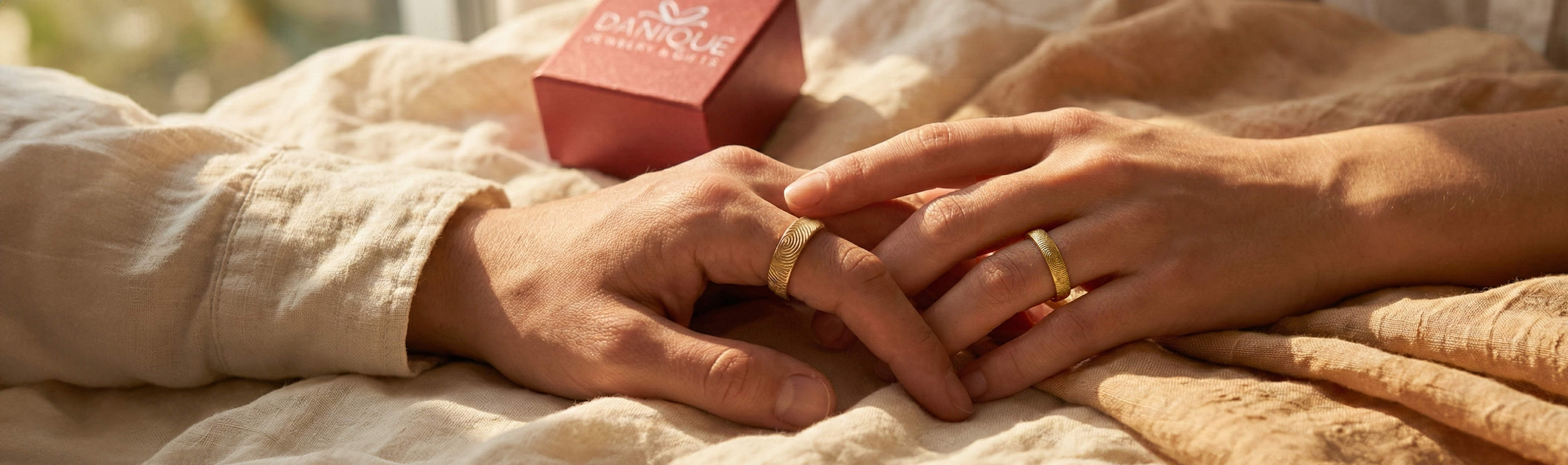 A man and a woman holding hands on a sunlit linen set to showcase their custom engraved gold plated sterling silver fingerprint rings.