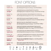 A digital preview sheet showing ten font options labeled Font 1 through Font 10, with sample alphabet text and small icons below for styles S1 through S10. The layout is clean and informational rather than a photo of a physical product.