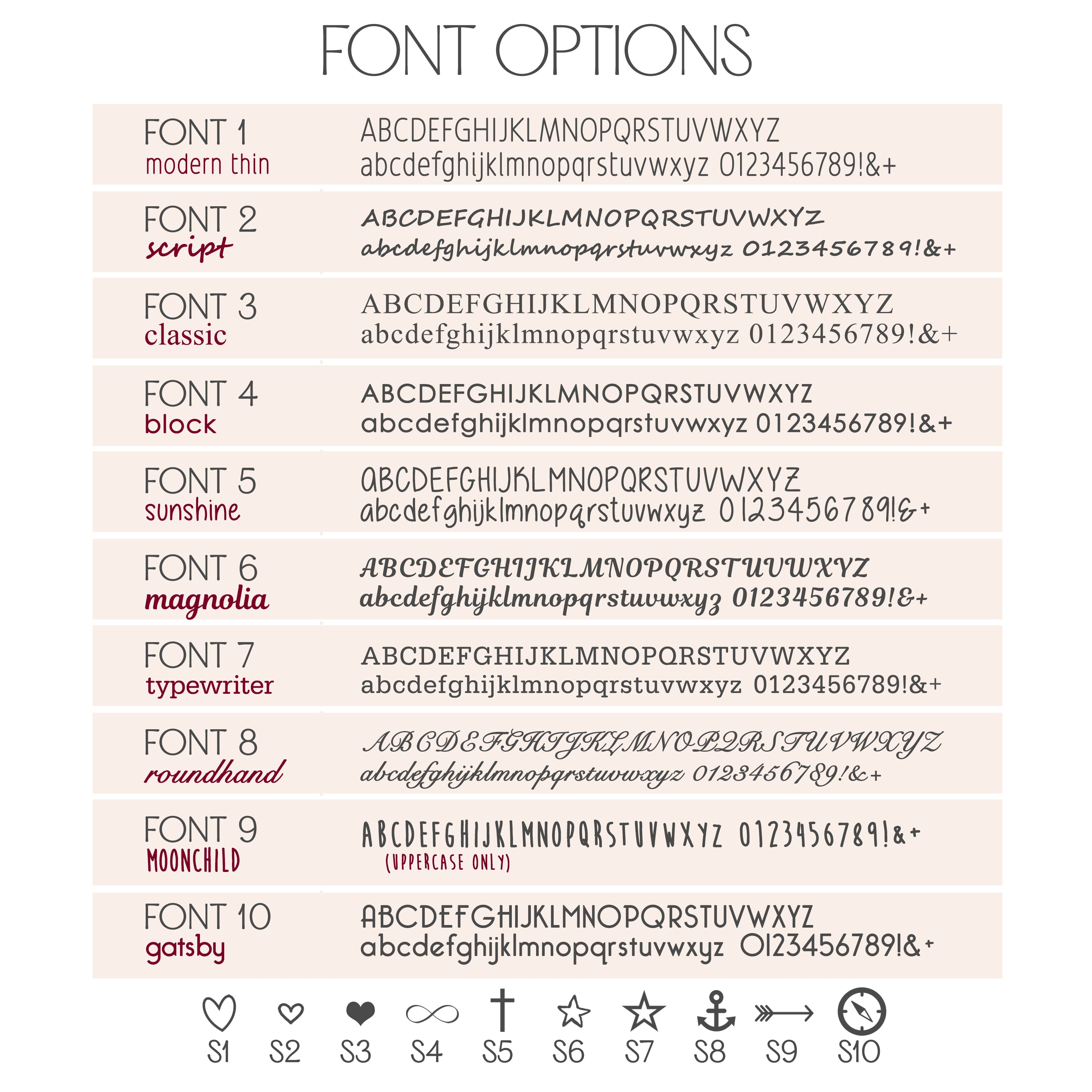 A digital preview sheet showing ten font options labeled Font 1 through Font 10, with sample alphabet text and small icons below for styles S1 through S10. The layout is clean and informational rather than a photo of a physical product.