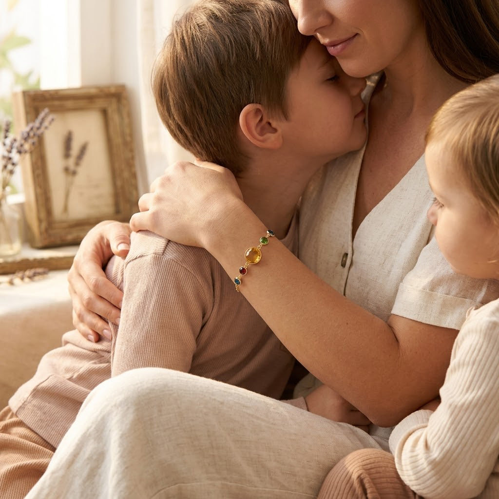 Custom mom bracelet available in sterling silver, 14K gold-filled, and 14K rose gold-filled finishes with personalized birthstone combinations.