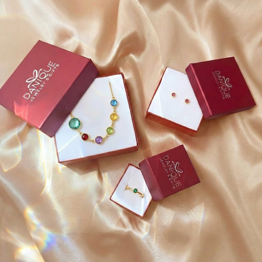 Danique Jewelry gift packaging with personalized birthstone necklace for mom, luxury presentation for gifting occasions