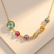 Personalized mother’s birthstone necklace with large center gemstone for mom and smaller colorful birthstones representing children in a meaningful family design